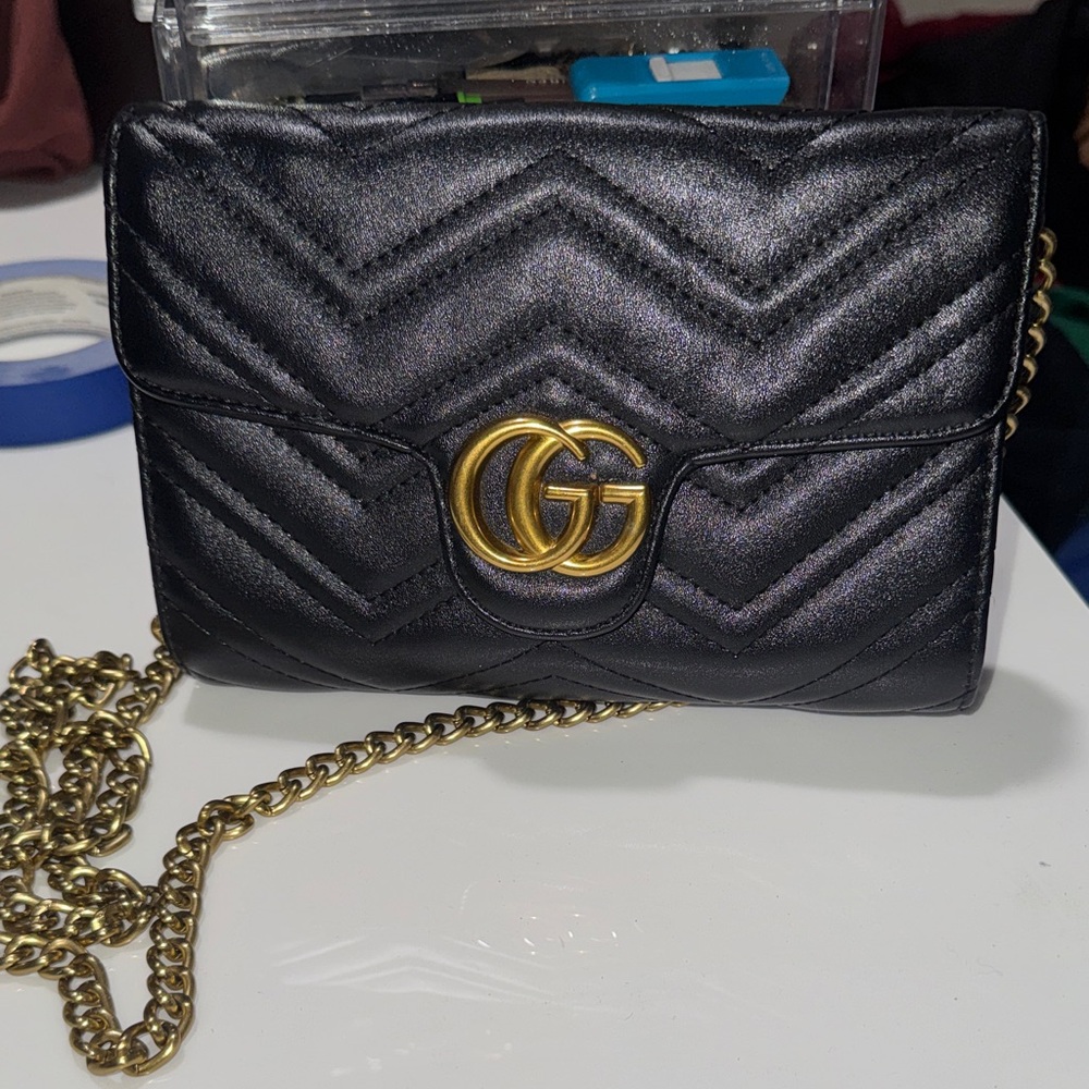 Black Quilted Leather Bag with Gold Chain